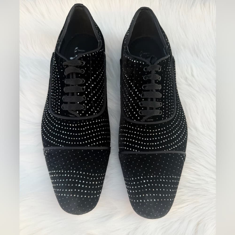Christian Louboutin CL Greggy Chick Black Velvet Studded Ribbon Lace Size US 8.5 - Thumbnail 3