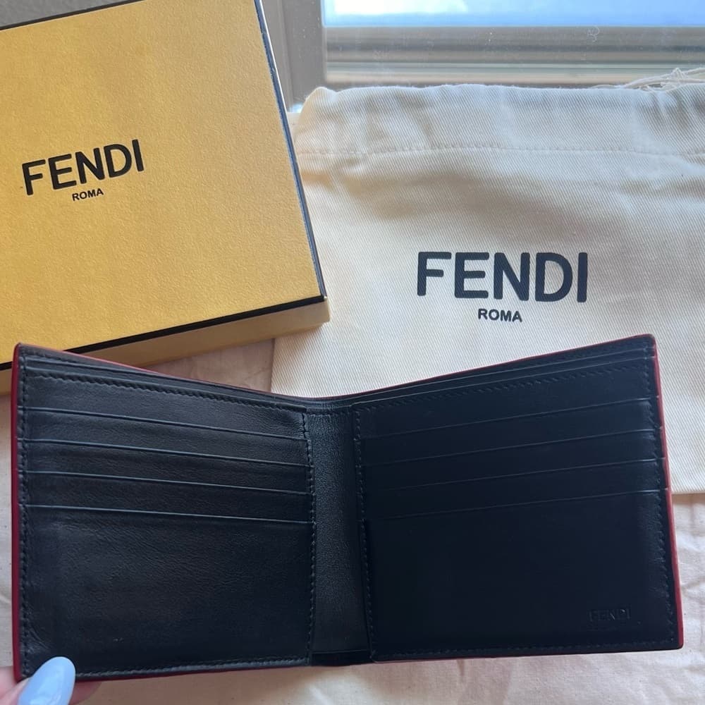 FENDI Monster Metal Bug Eyes Red & Black Leather Bifold Card Bill Wallet RARE - Thumbnail 12