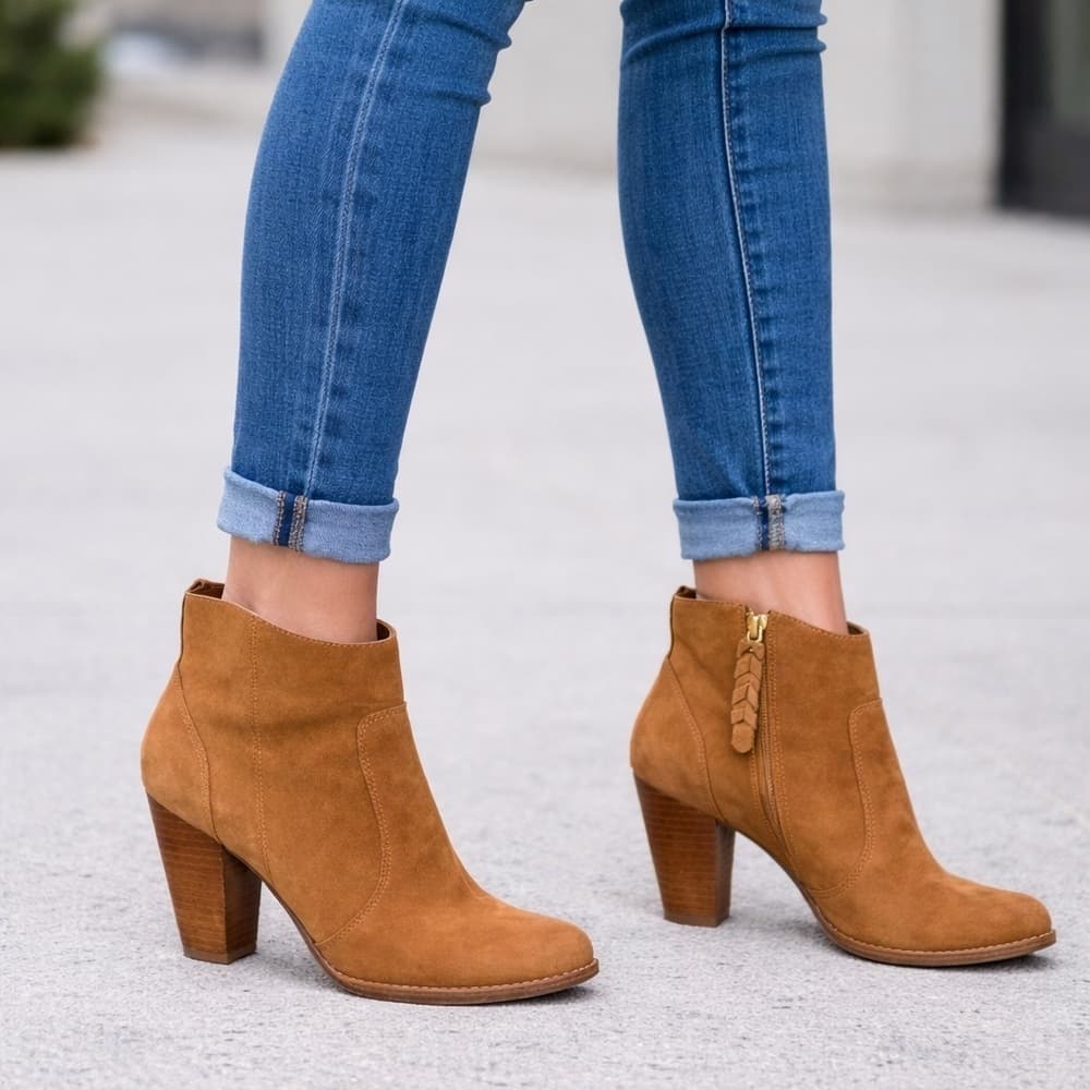JOIE Dalton Cognac Tan Brown Suede Leather Stacked Heel Booties size EU 37 - Thumbnail 2