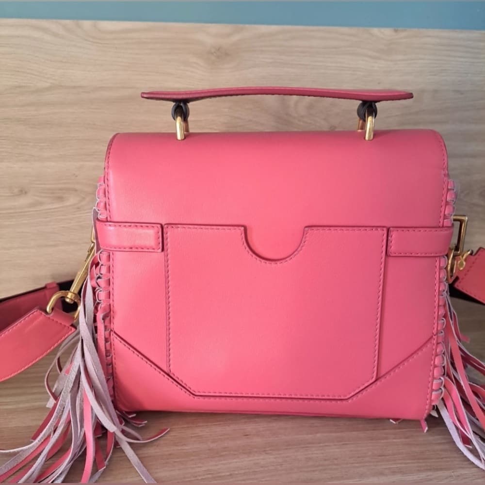 BALMAIN B BUZZ 23 Dark Pink Fringe Leather Gold Metal Hardware Shoulder Handbag - Thumbnail 4