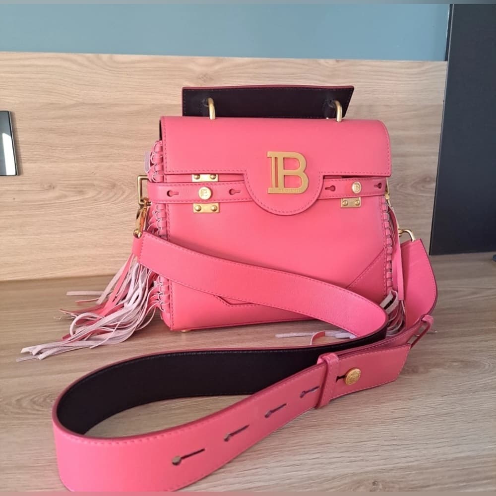 BALMAIN B BUZZ 23 Dark Pink Fringe Leather Gold Metal Hardware Shoulder Handbag - Thumbnail 3