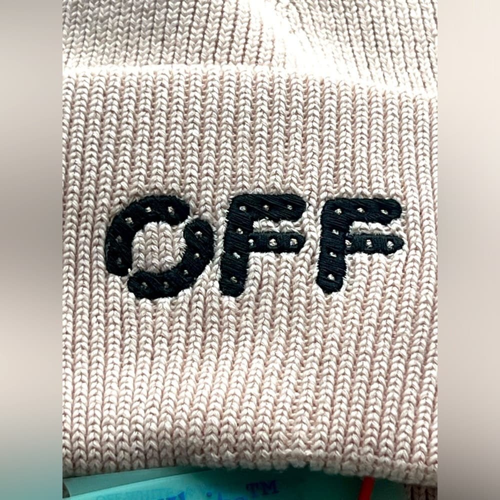 NEW OFF WHITE Ribbed Beanie Hat Sand Black Logo Cotton Cashmere Blend w/ Tags - Thumbnail 6