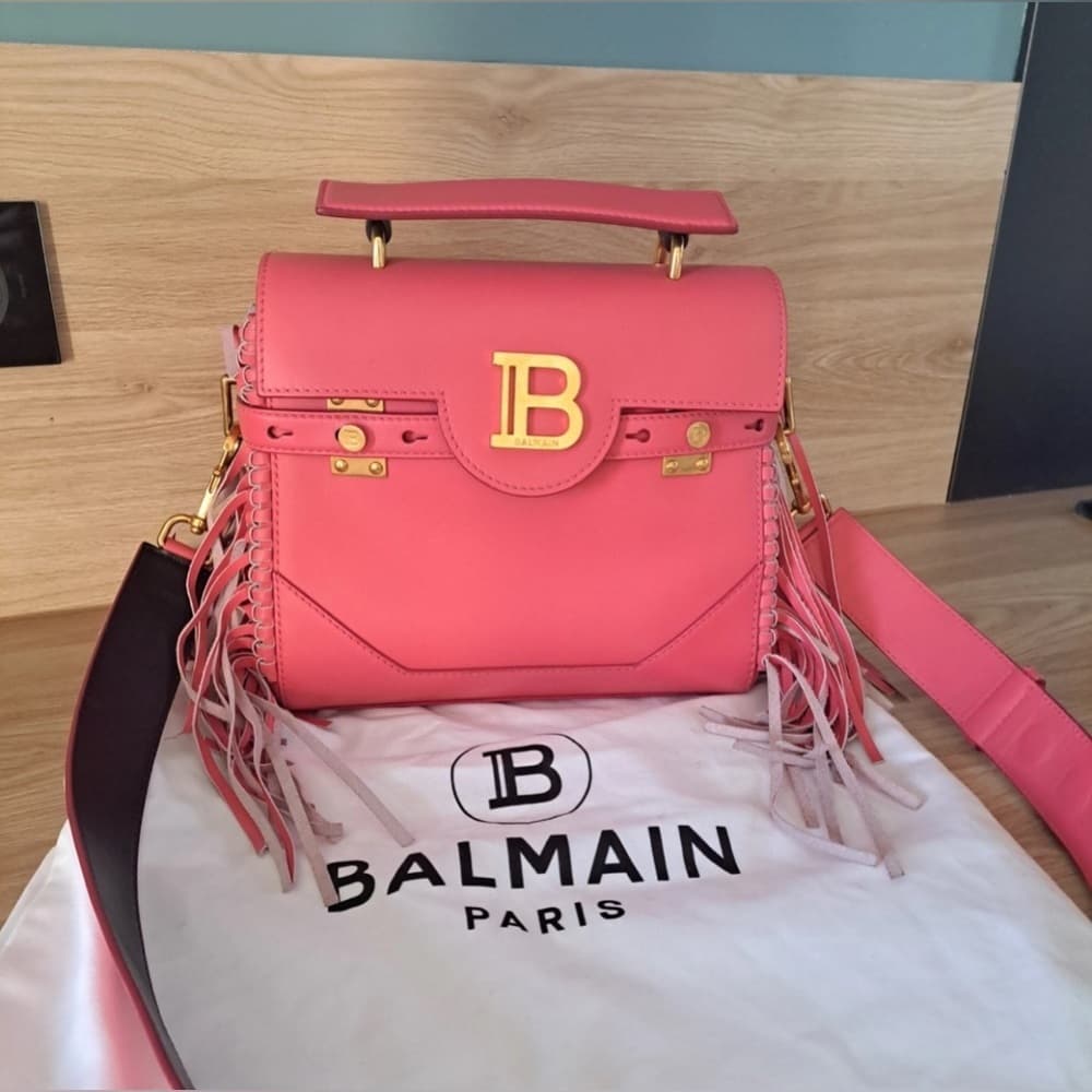 BALMAIN B BUZZ 23 Dark Pink Fringe Leather Gold Metal Hardware Shoulder Handbag - Thumbnail 11