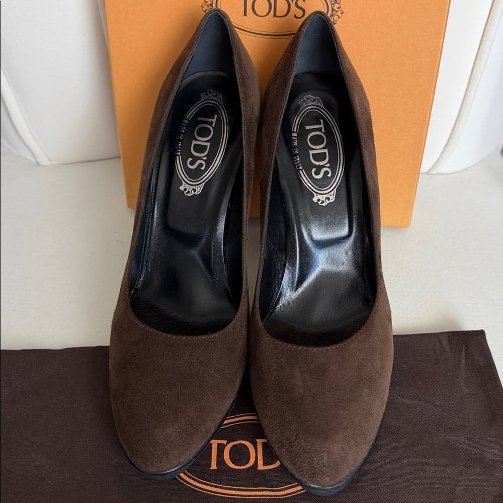 TOD’S Decoll Brown Chocolate Suede Leather Pump Rubber Sole Heels EU 38.5 US 8 - Thumbnail 4