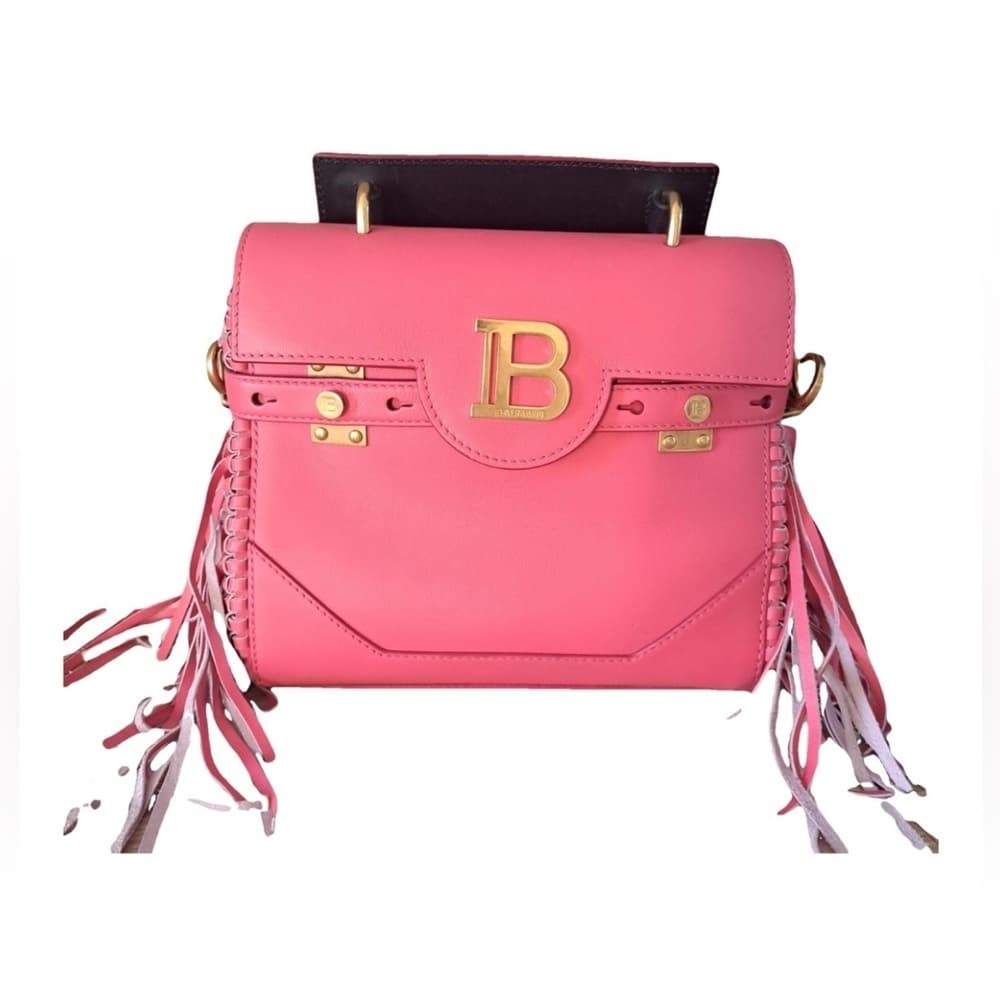 BALMAIN B BUZZ 23 Dark Pink Fringe Leather Gold Metal Hardware Shoulder Handbag - Thumbnail 2