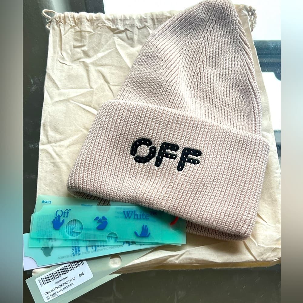 NEW OFF WHITE Ribbed Beanie Hat Sand Black Logo Cotton Cashmere Blend w/ Tags - Thumbnail 4
