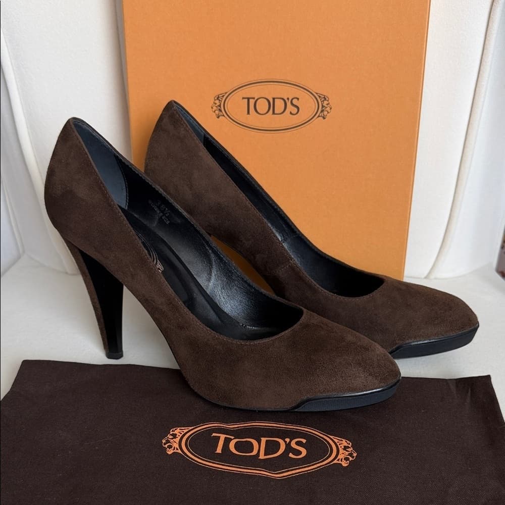 TOD’S Decoll Brown Chocolate Suede Leather Pump Rubber Sole Heels EU 38.5 US 8 - Thumbnail 3