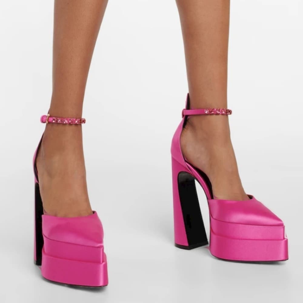VERSACE Decollete Pink Lemonade Satin Platform Crystal Pointy Heels EU 40 - Thumbnail 5