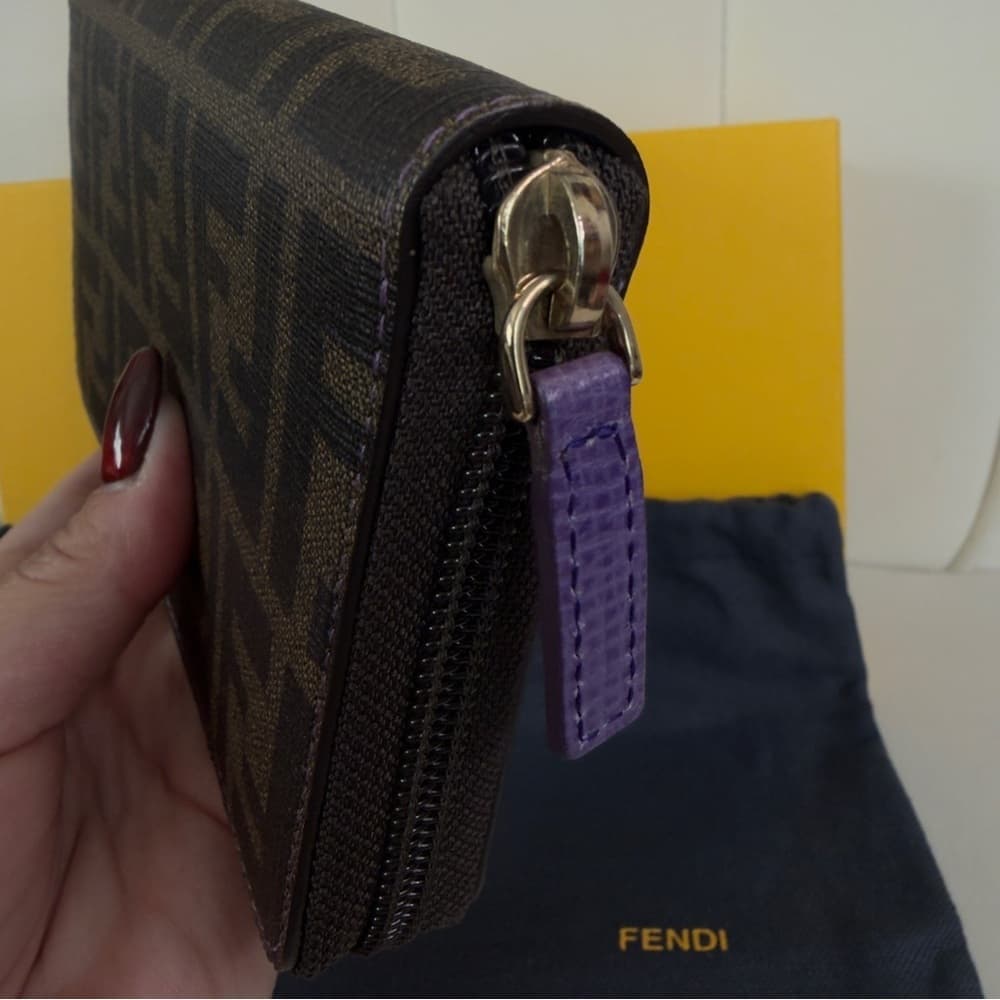 FENDI Zucca Spalmati Vitello Elite Zip Around Wallet Tobacco Viola Purple COA - Thumbnail 13
