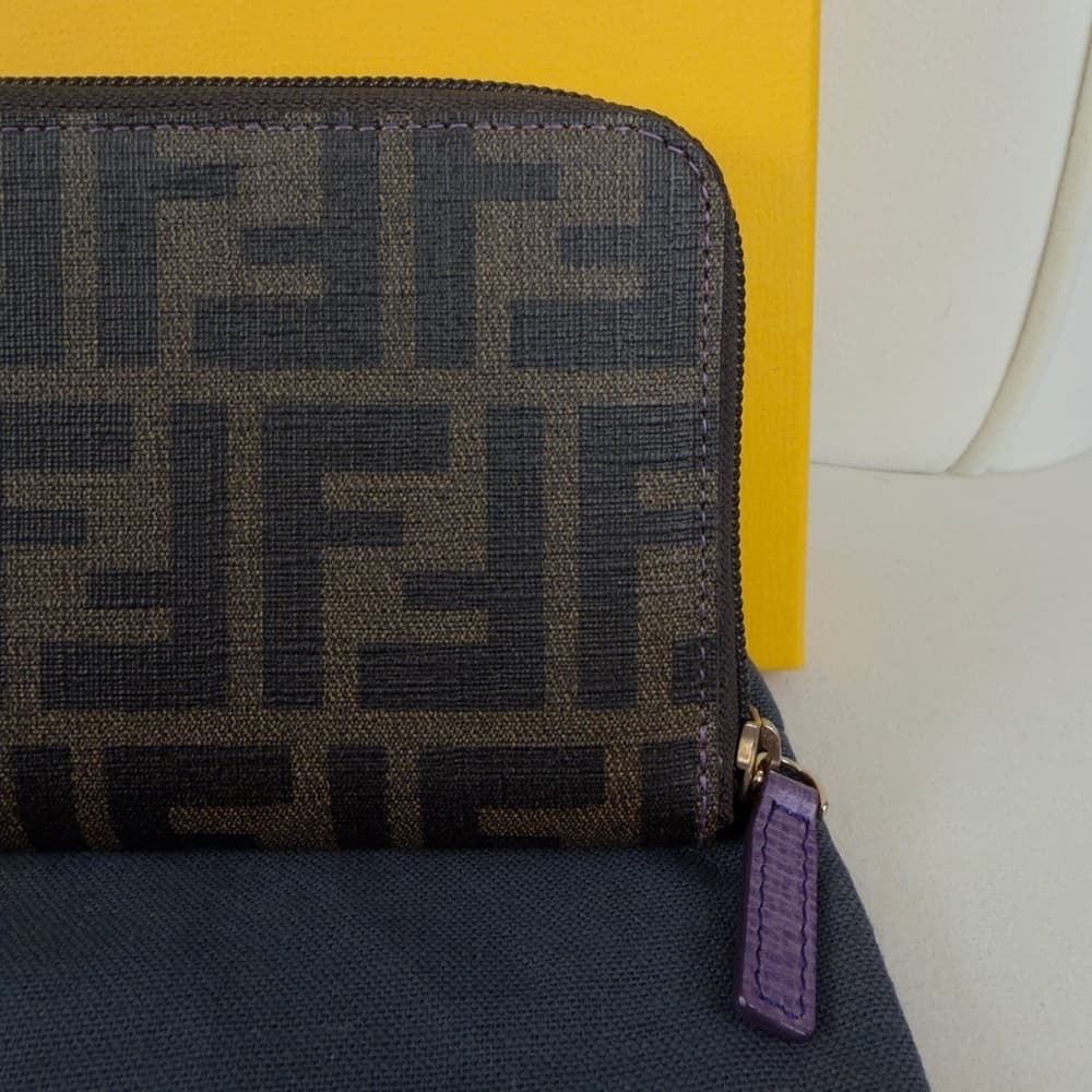 FENDI Zucca Spalmati Vitello Elite Zip Around Wallet Tobacco Viola Purple COA - Thumbnail 3