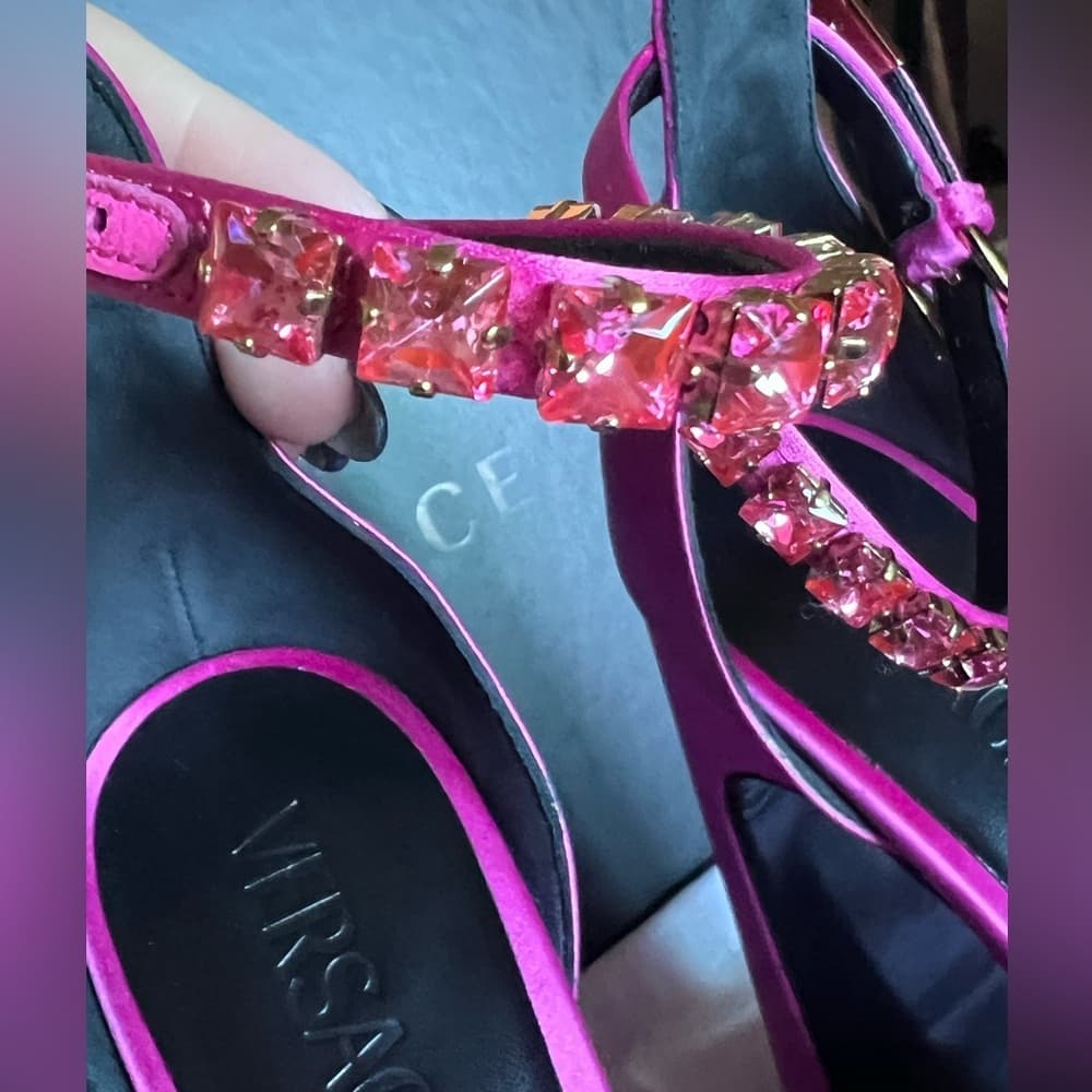 VERSACE Decollete Pink Lemonade Satin Platform Crystal Pointy Heels EU 40 - Thumbnail 10