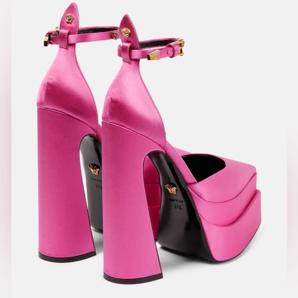 VERSACE Decollete Pink Lemonade Satin Platform Crystal Pointy Heels EU 40 - Thumbnail 2
