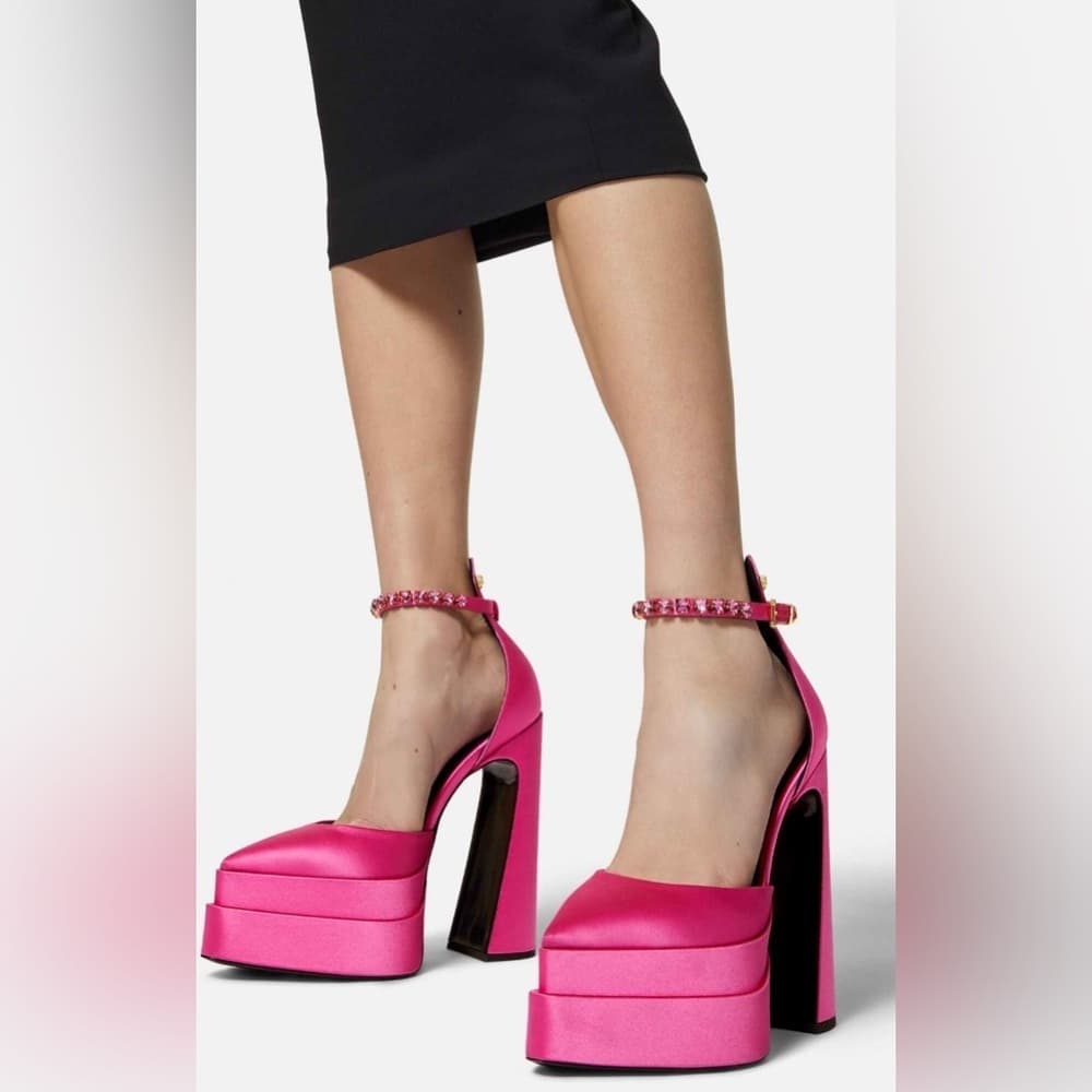 VERSACE Decollete Pink Lemonade Satin Platform Crystal Pointy Heels EU 40 - Thumbnail 6
