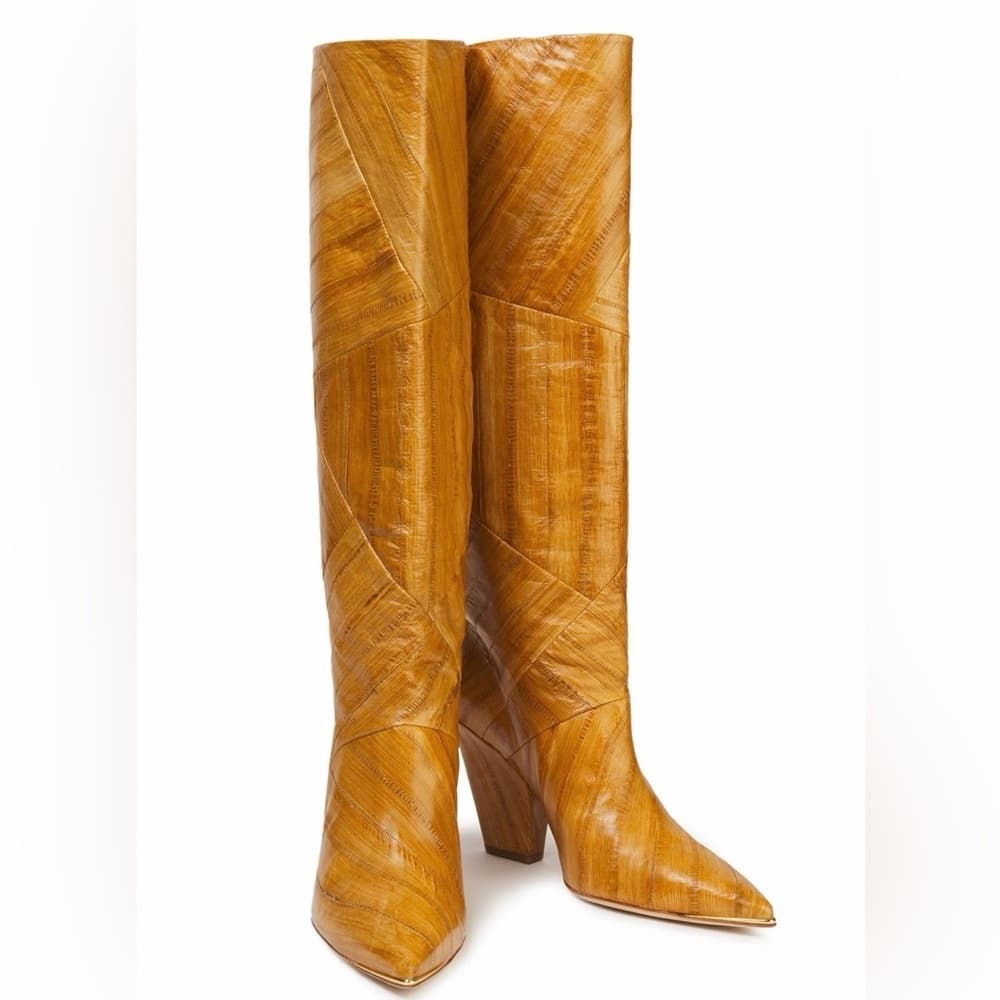 Tory Burch Lila 90mm Knee High Tan Beige Leather Tall Slouch Heeled Boot size 7 - Thumbnail 4