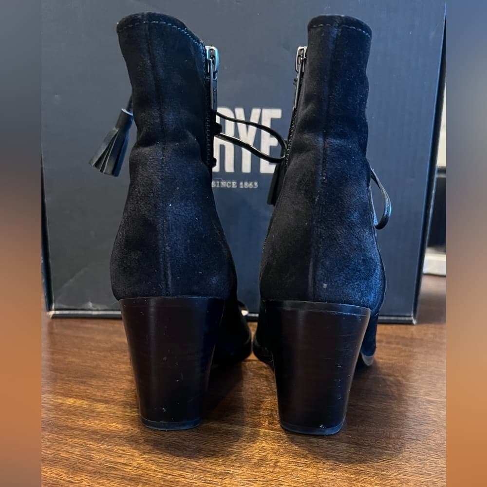EUC FRYE Black Dani Whipstitch Suede Leather Peep Toe Chunky Heel Booties US 7.5 - Thumbnail 7