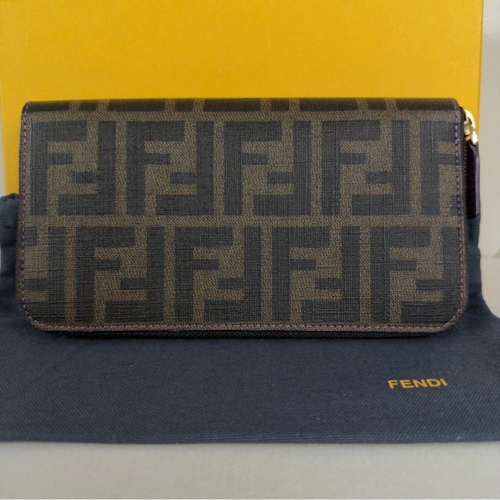 FENDI Zucca Spalmati Vitello Elite Zip Around Wallet Tobacco Viola Purple COA - Thumbnail 5