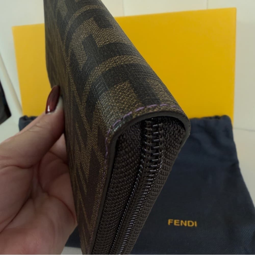 FENDI Zucca Spalmati Vitello Elite Zip Around Wallet Tobacco Viola Purple COA - Thumbnail 14