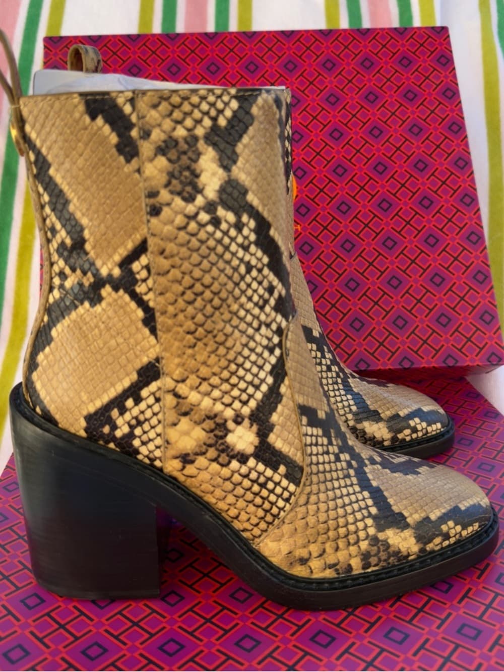 Tory Burch ROCCIO Snake Print Leather Western Ankle Heel Boots 7.5 NEW $595 - Thumbnail 4