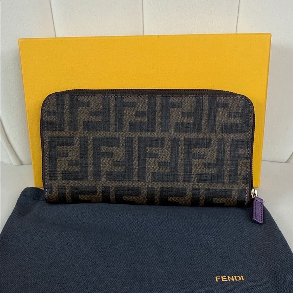 FENDI Zucca Spalmati Vitello Elite Zip Around Wallet Tobacco Viola Purple COA - Thumbnail 2