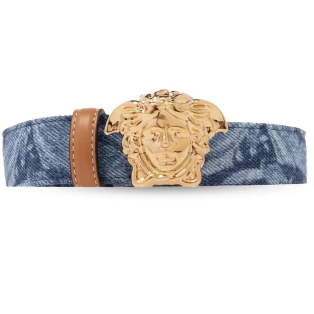 NEW VERSACE LA MEDUSA GOLD BUCKLE BAROCCO DENIM Leather Jean Belt 75/30 Medium - Thumbnail 2
