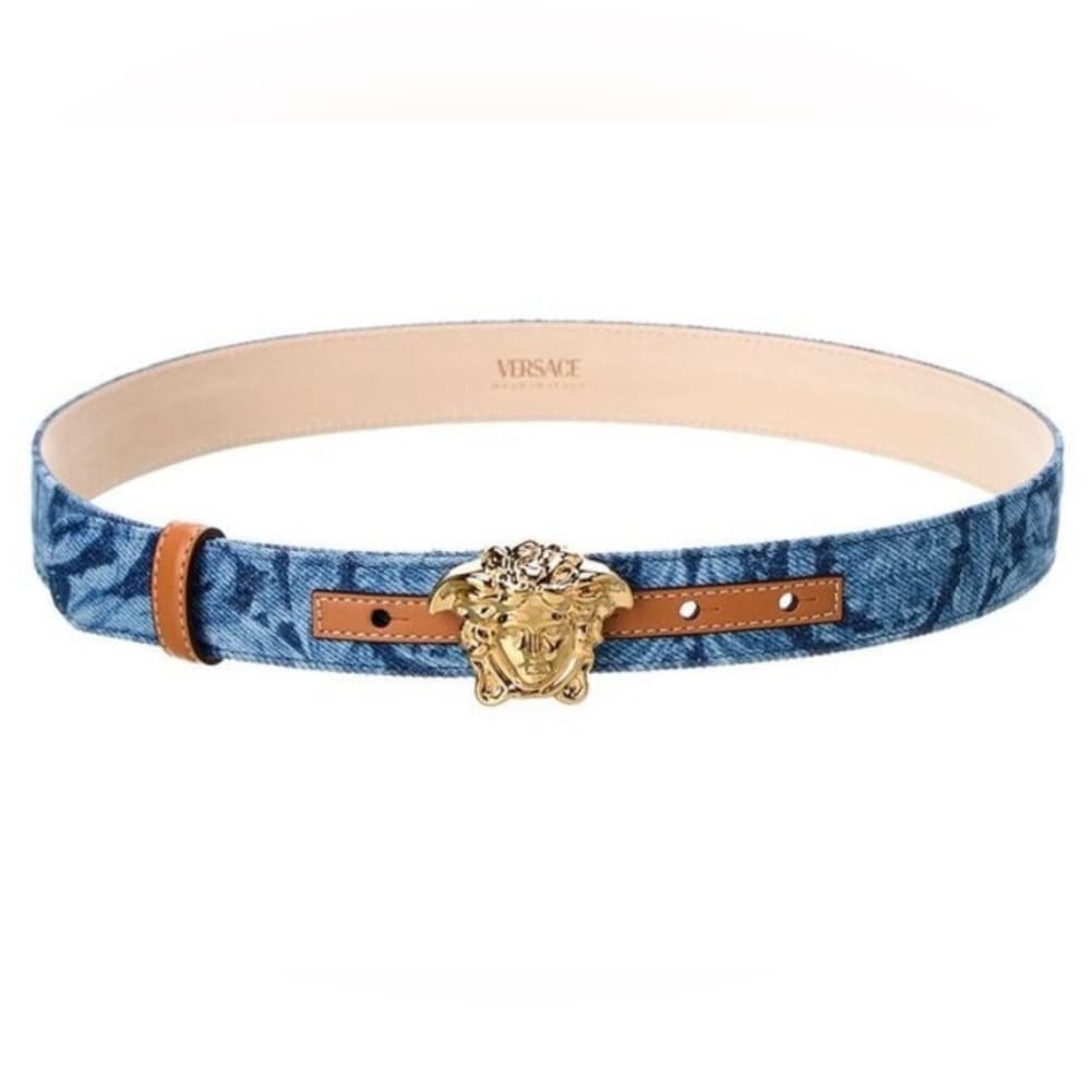 NEW VERSACE LA MEDUSA GOLD BUCKLE BAROCCO DENIM Leather Jean Belt 75/30 Medium - Thumbnail 3