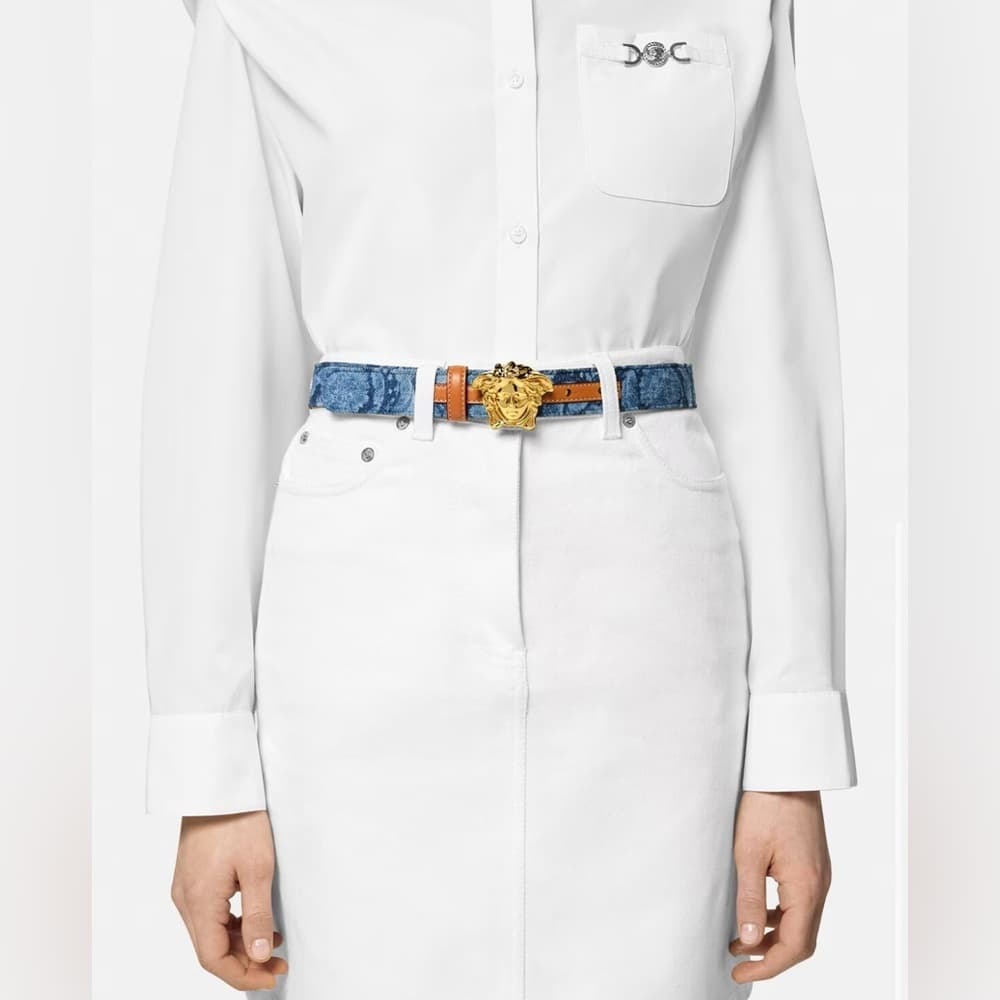 NEW VERSACE LA MEDUSA GOLD BUCKLE BAROCCO DENIM Leather Jean Belt 75/30 Medium - Thumbnail 7
