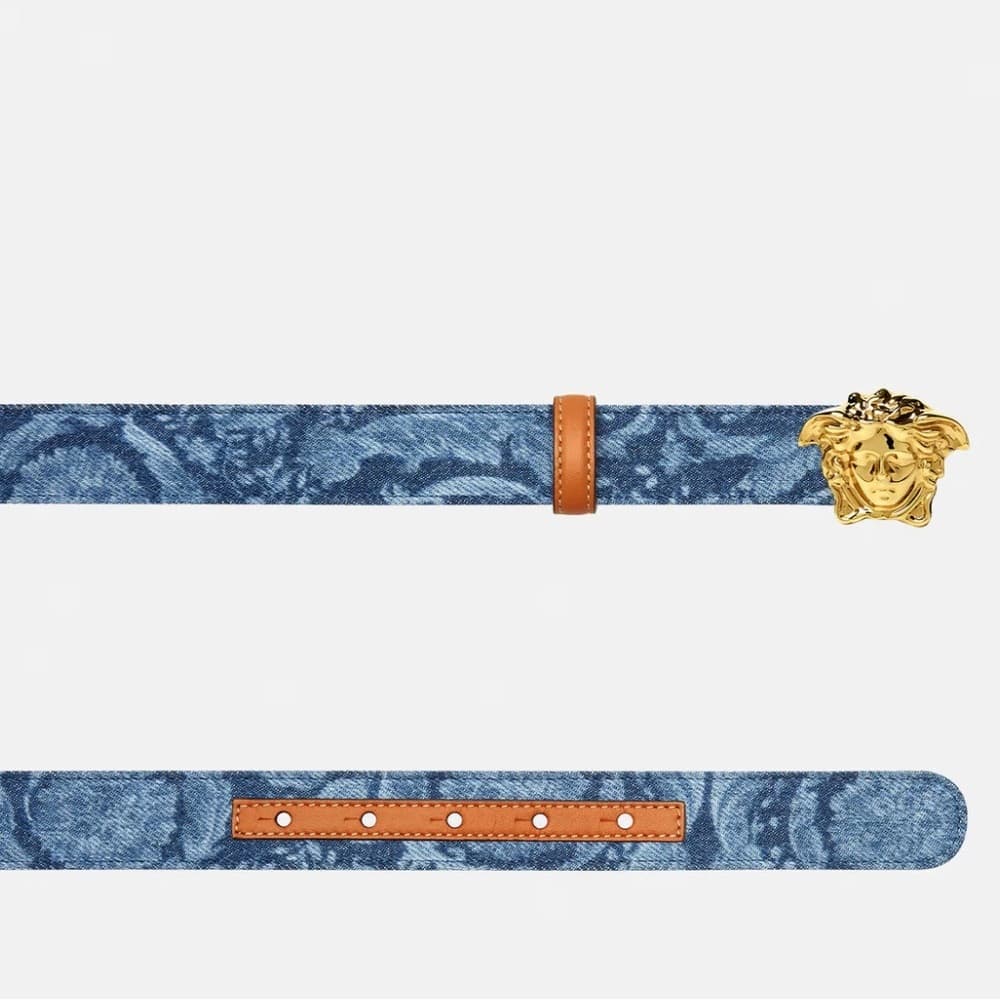NEW VERSACE LA MEDUSA GOLD BUCKLE BAROCCO DENIM Leather Jean Belt 75/30 Medium - Thumbnail 5