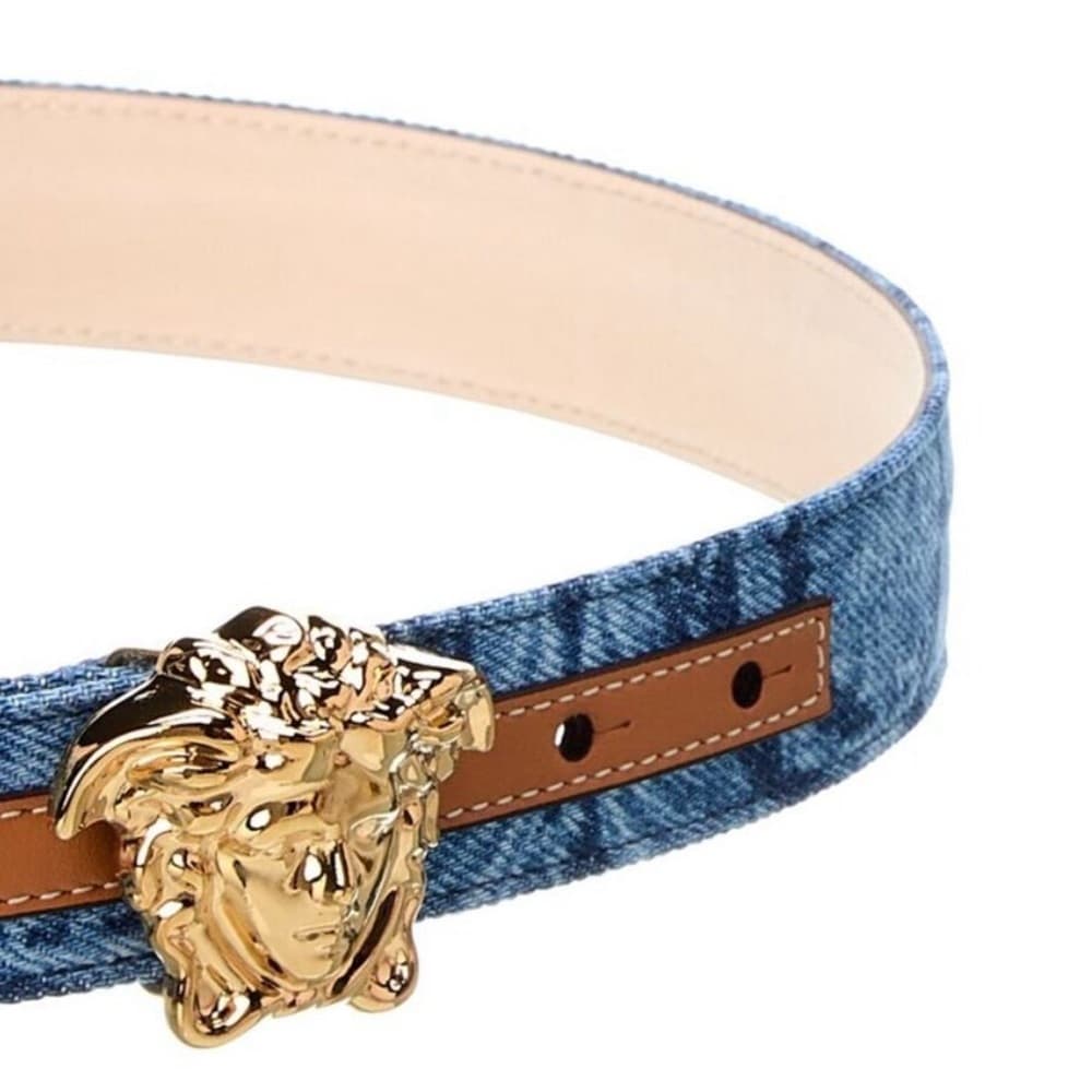 NEW VERSACE LA MEDUSA GOLD BUCKLE BAROCCO DENIM Leather Jean Belt 75/30 Medium - Thumbnail 4