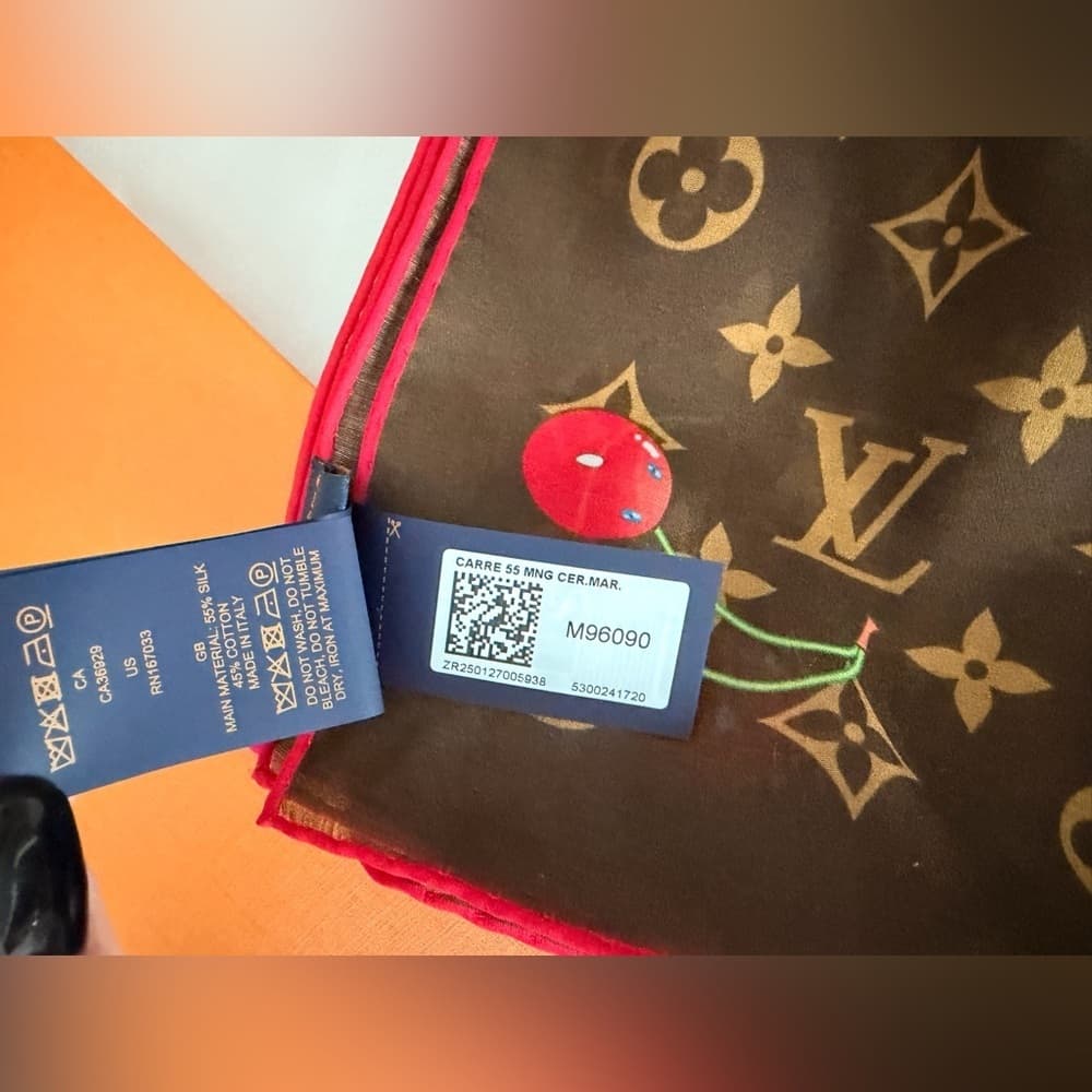 Louis Vuitton Brown and Red Cerisé Cherry Silk Scarf Size 55cm NEW 2025 - Thumbnail 9