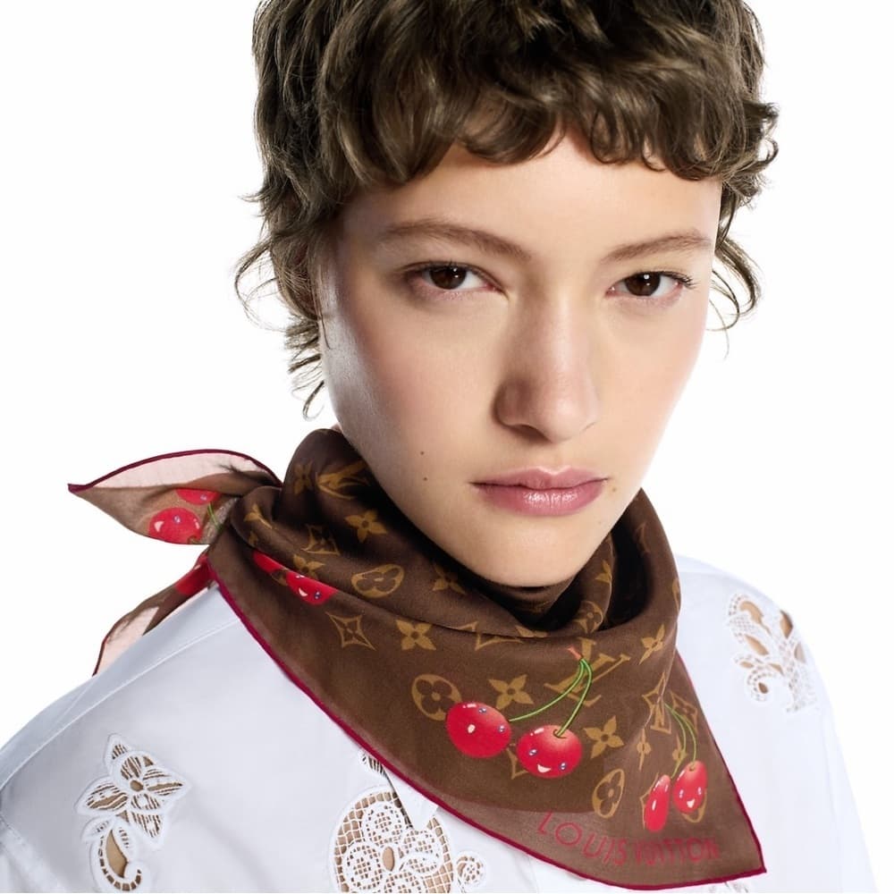 Louis Vuitton Brown and Red Cerisé Cherry Silk Scarf Size 55cm NEW 2025 - Thumbnail 2