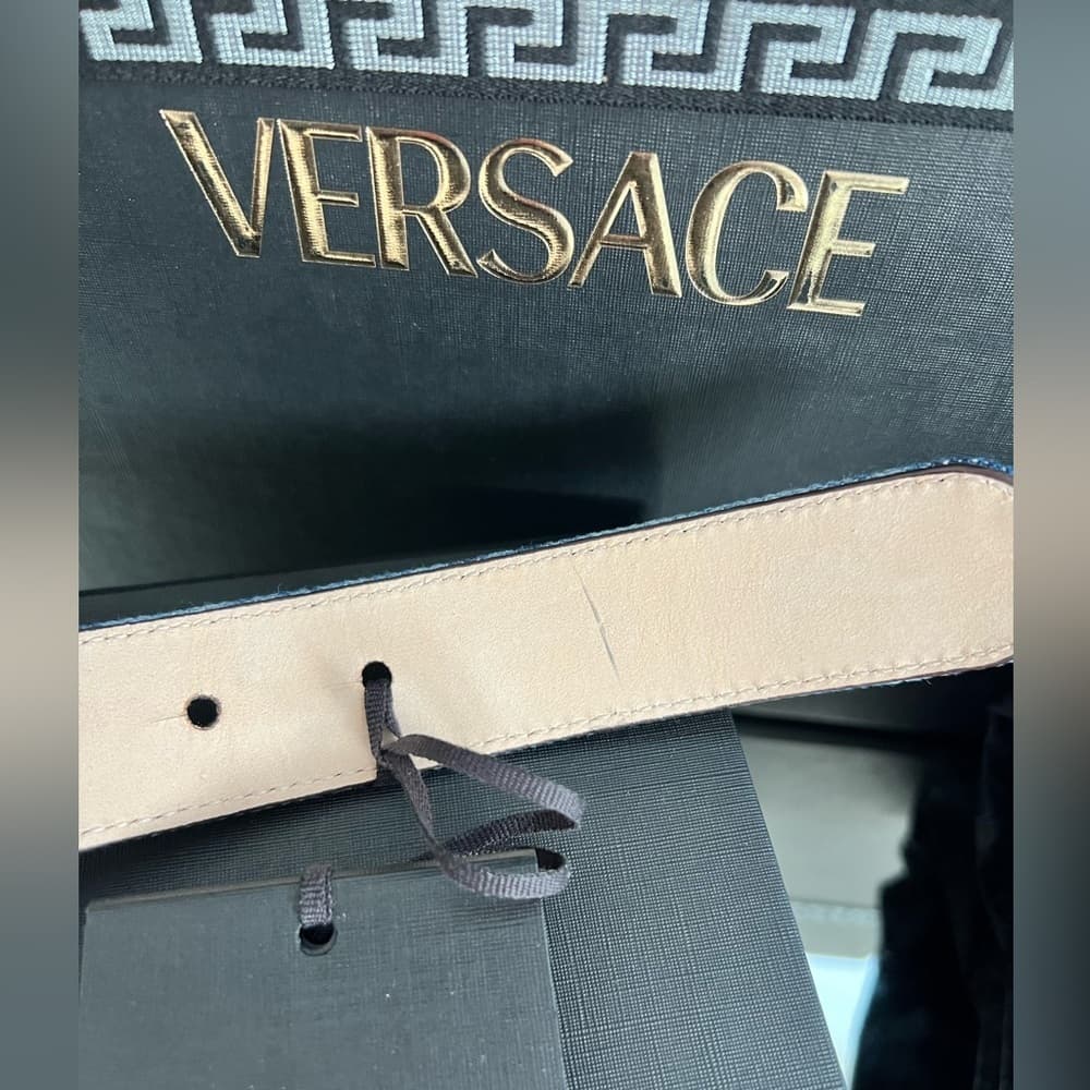 NEW VERSACE LA MEDUSA GOLD BUCKLE BAROCCO DENIM Leather Jean Belt 75/30 Medium - Thumbnail 12