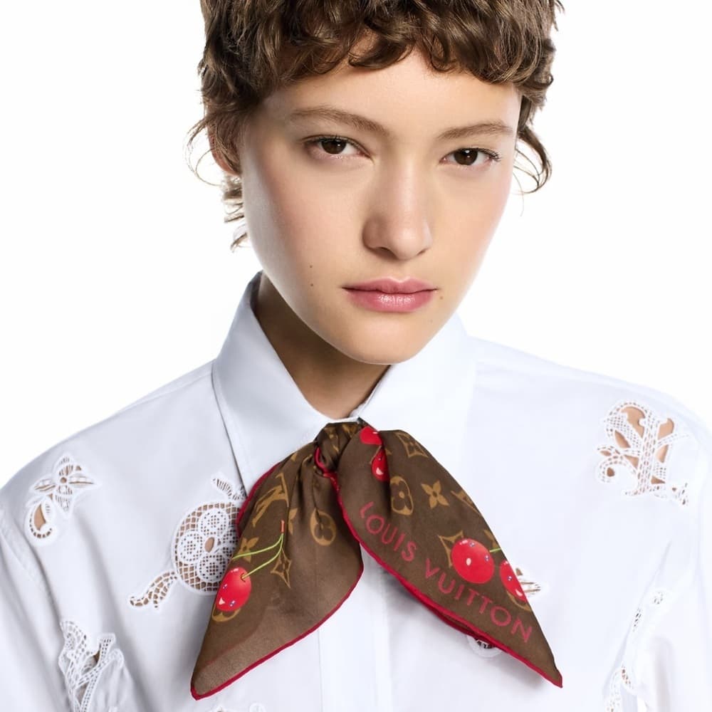 Louis Vuitton Brown and Red Cerisé Cherry Silk Scarf Size 55cm NEW 2025 - Thumbnail 3