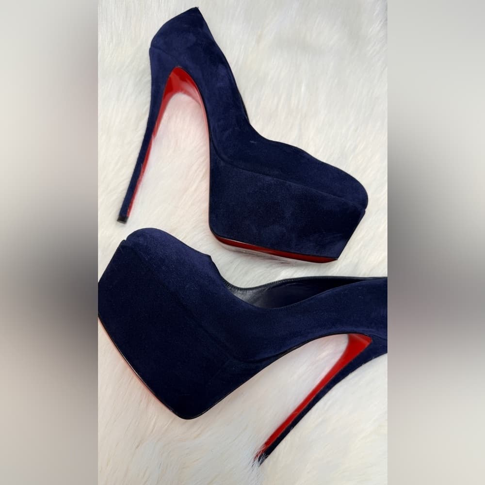 Christian Louboutin Lady 160 mm Pumps Navy Blue Suede Platform Heels Size EU 40 - Thumbnail 2