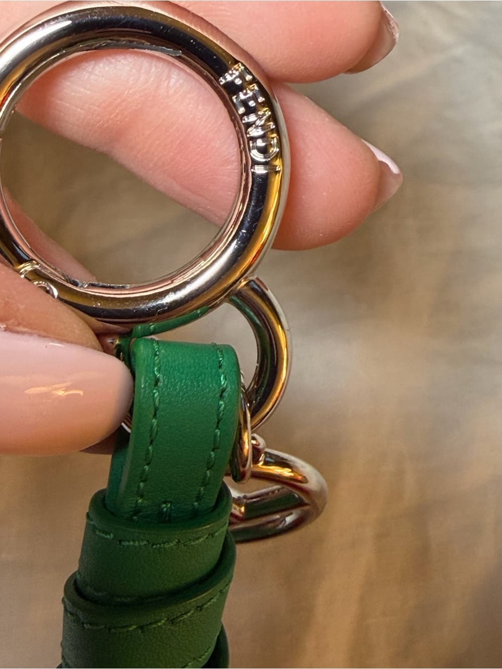 Fendi Cherry Pom Pom Bag Charm Keychain Red Fur Green Leather Silver FF Logo - Thumbnail 2