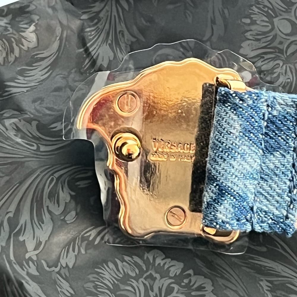 NEW VERSACE LA MEDUSA GOLD BUCKLE BAROCCO DENIM Leather Jean Belt 75/30 Medium - Thumbnail 8
