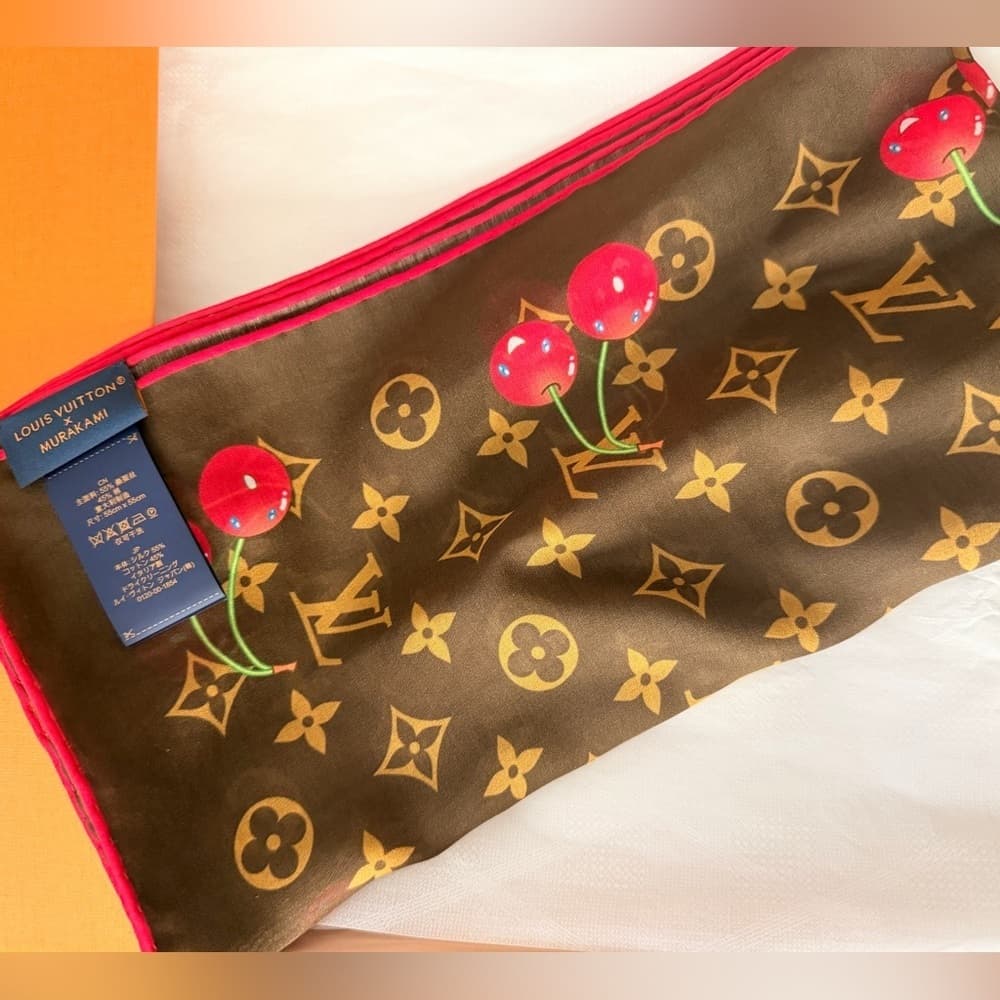 Louis Vuitton Brown and Red Cerisé Cherry Silk Scarf Size 55cm NEW 2025 - Thumbnail 8