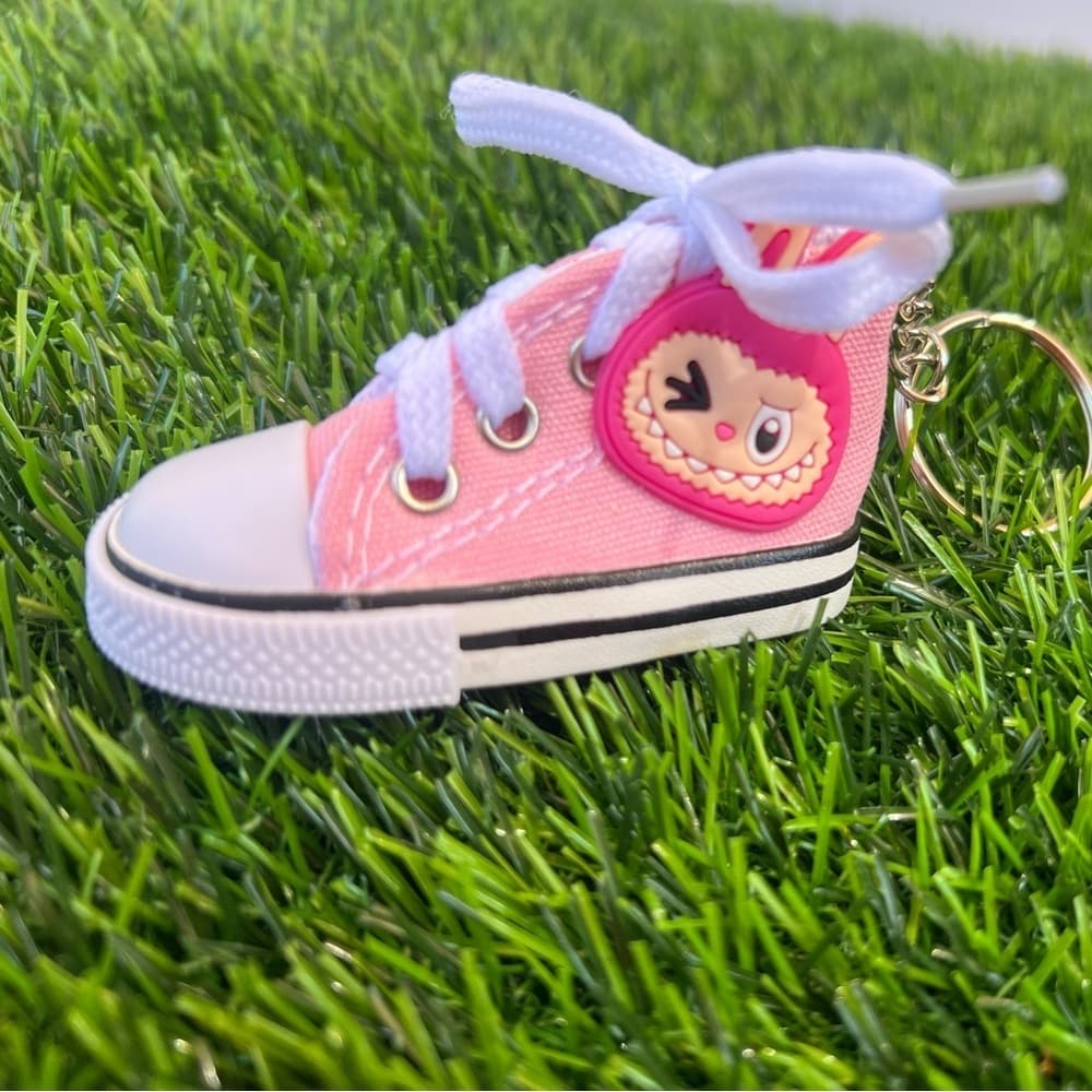 Smiley Monster on Pink Lace Up Hi Top Tennis Shoe Keychain Purse Charm - Thumbnail 2