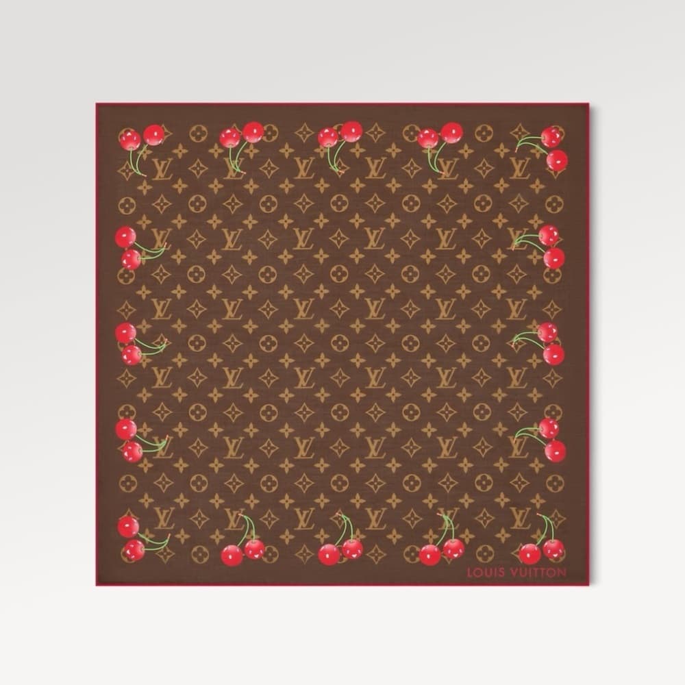 Louis Vuitton Brown and Red Cerisé Cherry Silk Scarf Size 55cm NEW 2025 - Thumbnail 5
