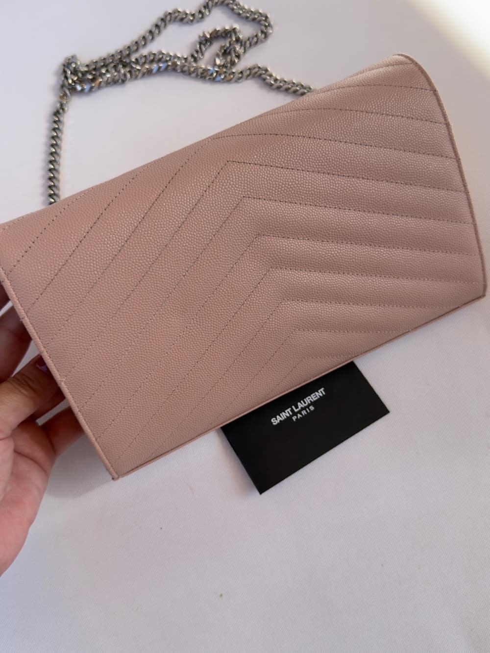 Saint Laurent CASSANDRE Silver Chain Wallet GRAIN DE POUDRE LEATHER Pink Beige - Thumbnail 2