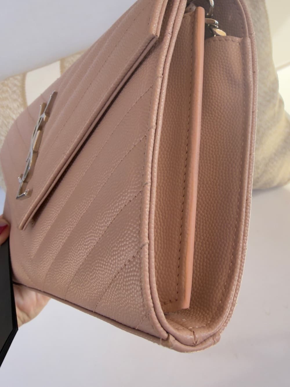 Saint Laurent CASSANDRE Silver Chain Wallet GRAIN DE POUDRE LEATHER Pink Beige - Thumbnail 7