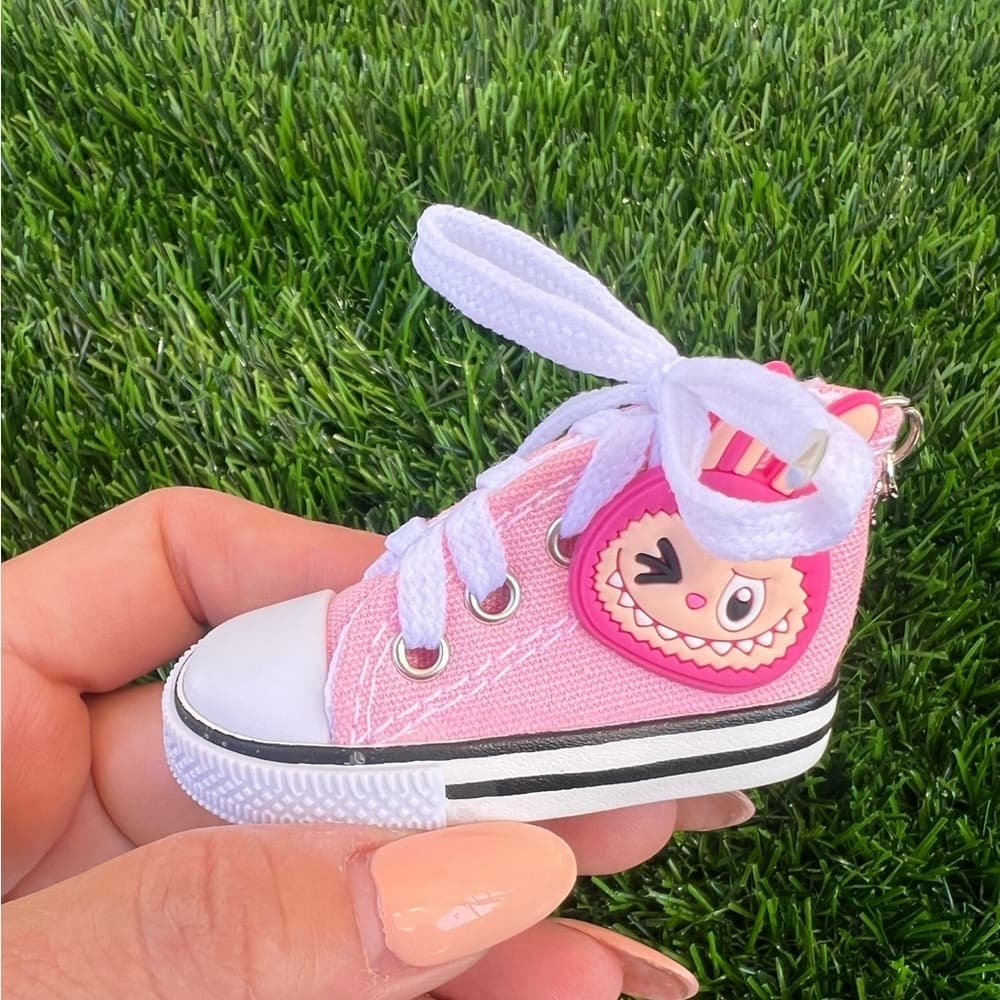 Smiley Monster on Pink Lace Up Hi Top Tennis Shoe Keychain Purse Charm - Thumbnail 5