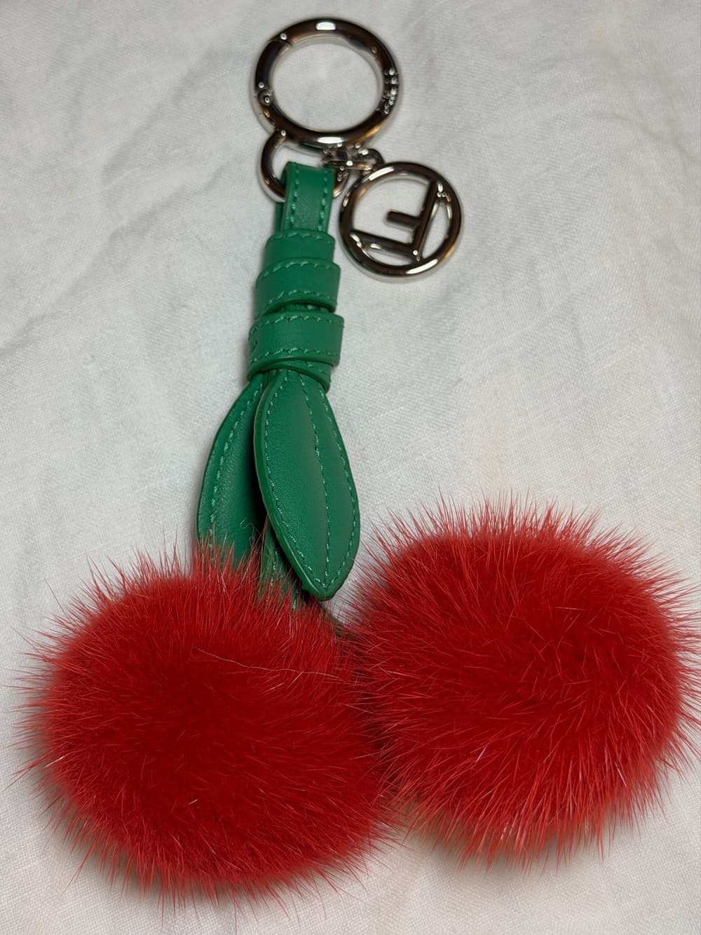 Fendi Cherry Pom Pom Bag Charm Keychain Red Fur Green Leather Silver FF Logo - Thumbnail 3