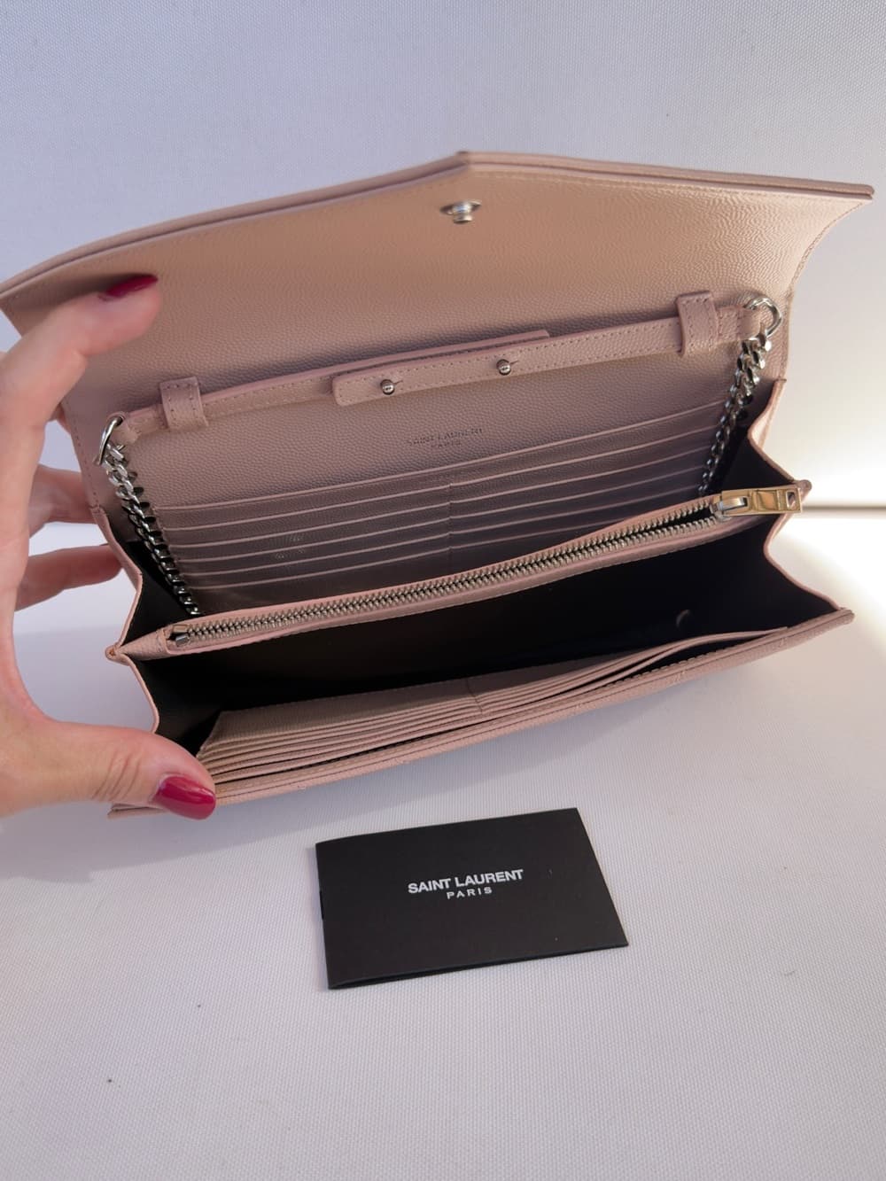 Saint Laurent CASSANDRE Silver Chain Wallet GRAIN DE POUDRE LEATHER Pink Beige - Thumbnail 5