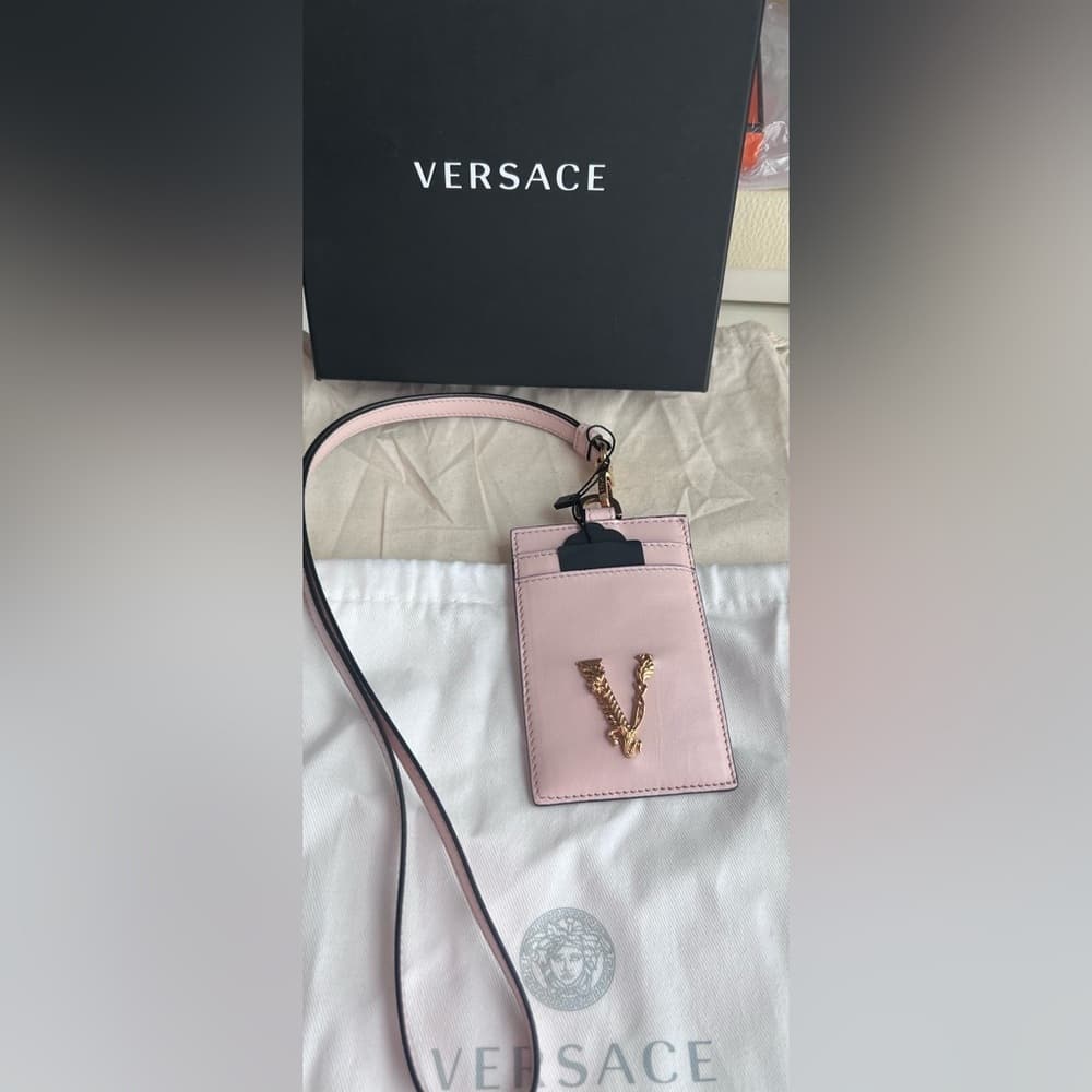 NEW VERSACE Light Pink & Gold Leather ID Card Lanyard with Box Dust Bag Tags - Thumbnail 3