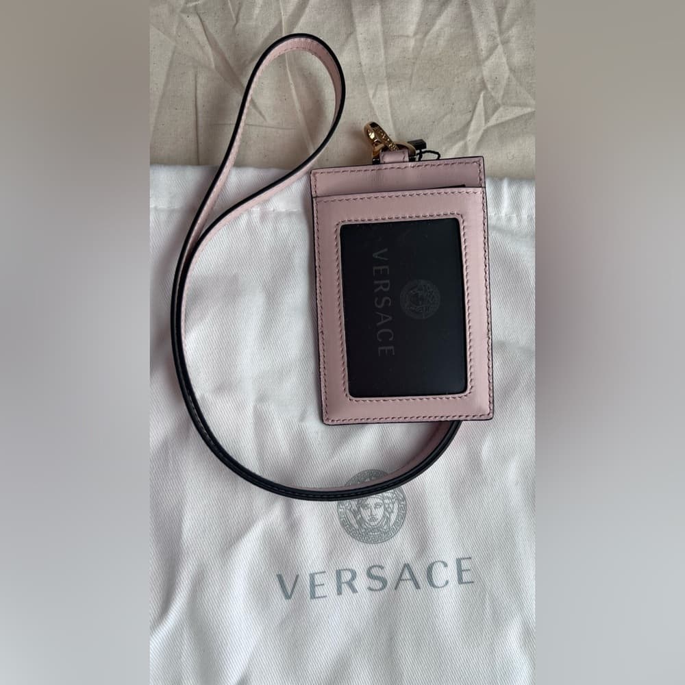 NEW VERSACE Light Pink & Gold Leather ID Card Lanyard with Box Dust Bag Tags - Thumbnail 4