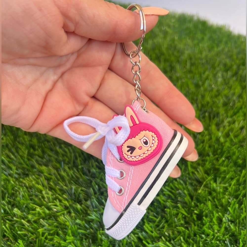 Smiley Monster on Pink Lace Up Hi Top Tennis Shoe Keychain Purse Charm - Thumbnail 6