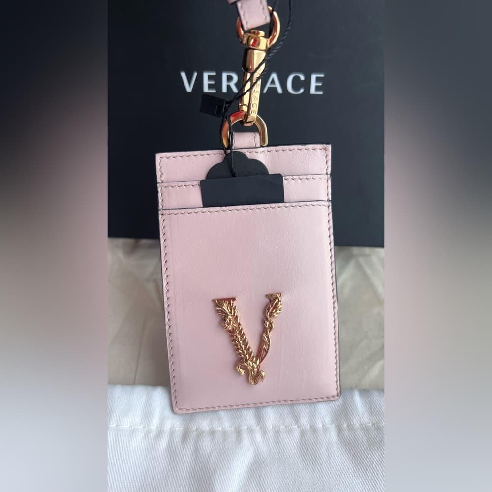 NEW VERSACE Light Pink & Gold Leather ID Card Lanyard with Box Dust Bag Tags - Thumbnail 2