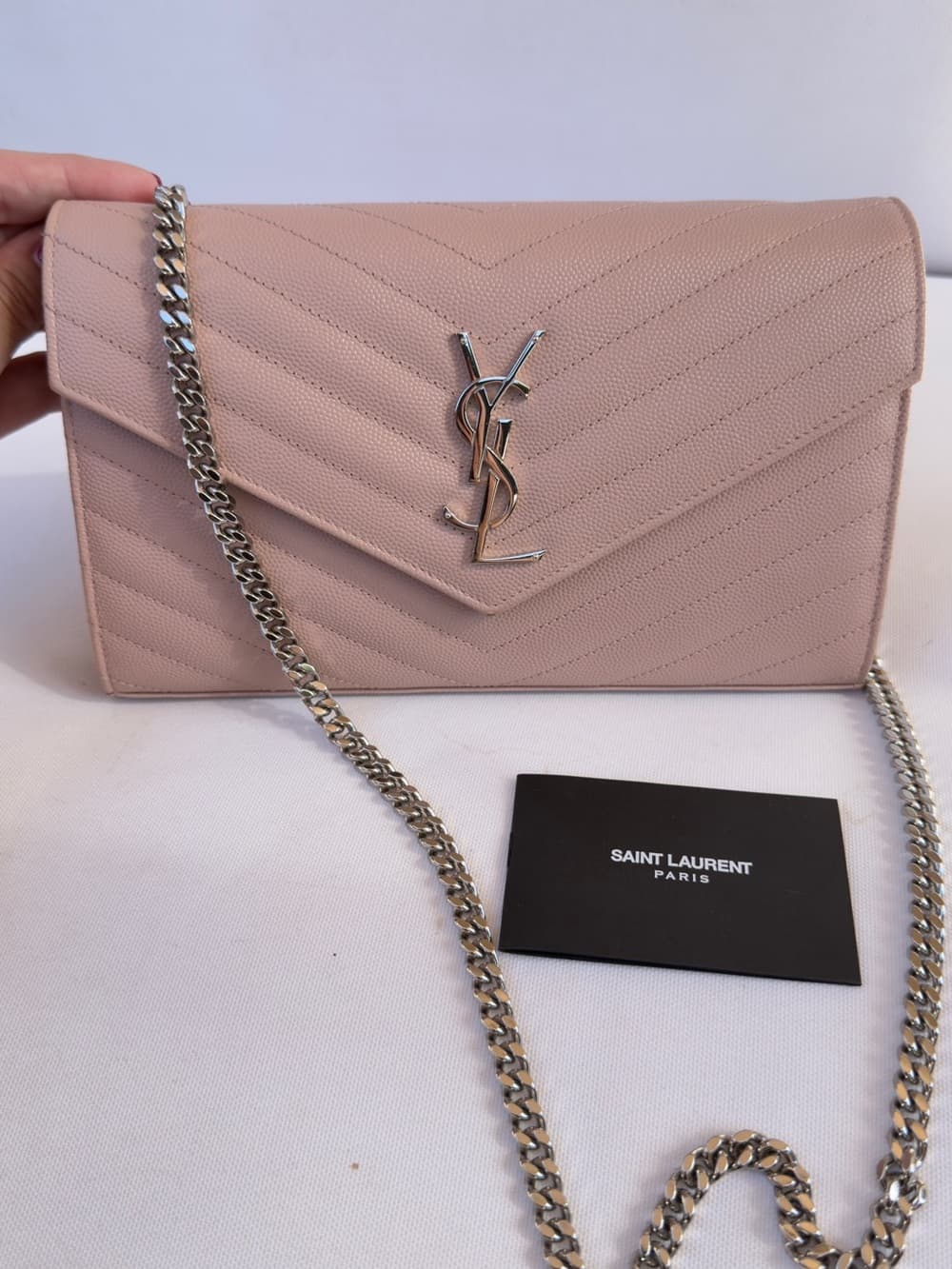 Saint Laurent CASSANDRE Silver Chain Wallet GRAIN DE POUDRE LEATHER Pink Beige - Thumbnail 3