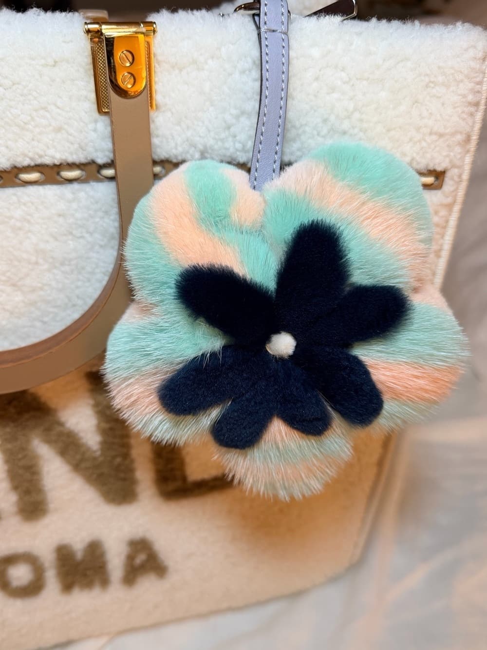 FENDI Fur Flower Bag Charm / Keychain Pastel Mint Pink Floral Design Puffy Pom - Thumbnail 3