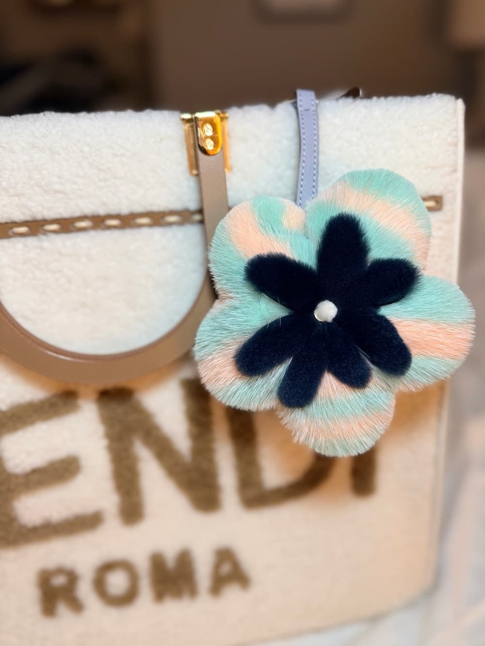 FENDI Fur Flower Bag Charm / Keychain Pastel Mint Pink Floral Design Puffy Pom - Thumbnail 2